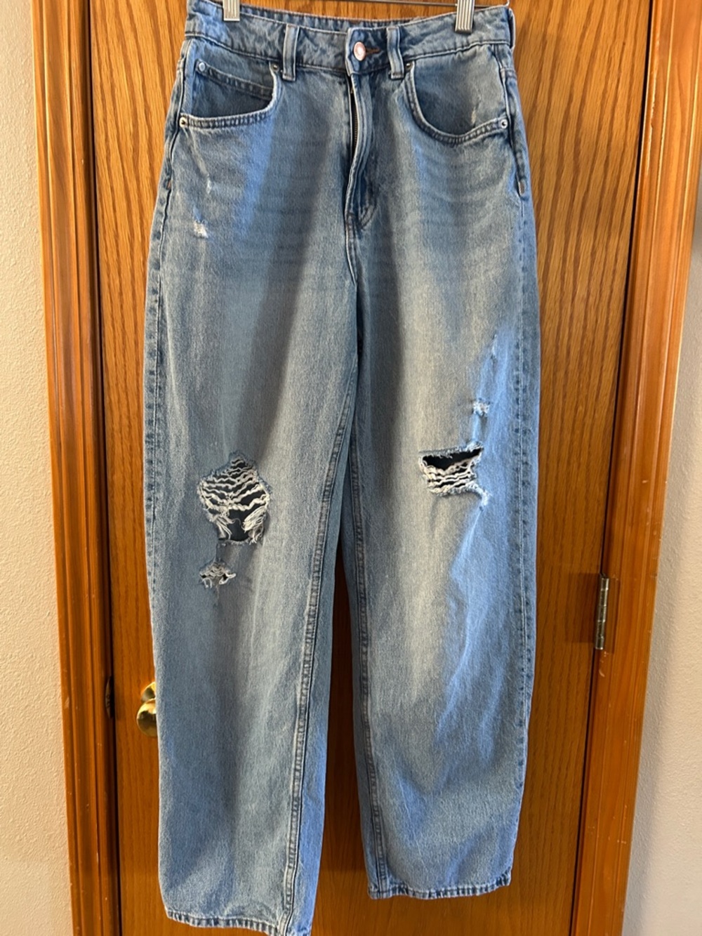 &Denim Light Blue Distressed Mom Ultra High Waist Baggy Jeans